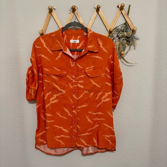 Equipment Viscose Orange Feather Print Resort Vacation Top Button Down Sz XL - Picture 4 of 10